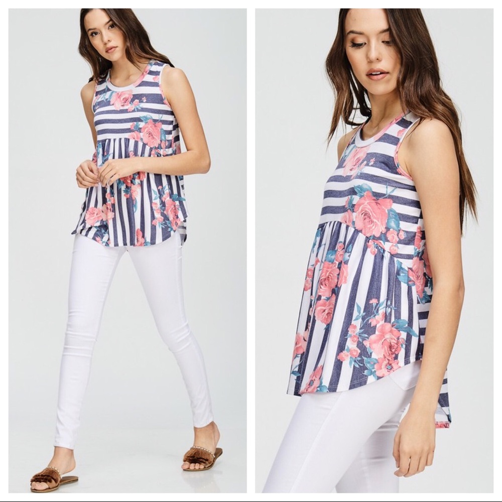 Floral and striped babydoll tank top